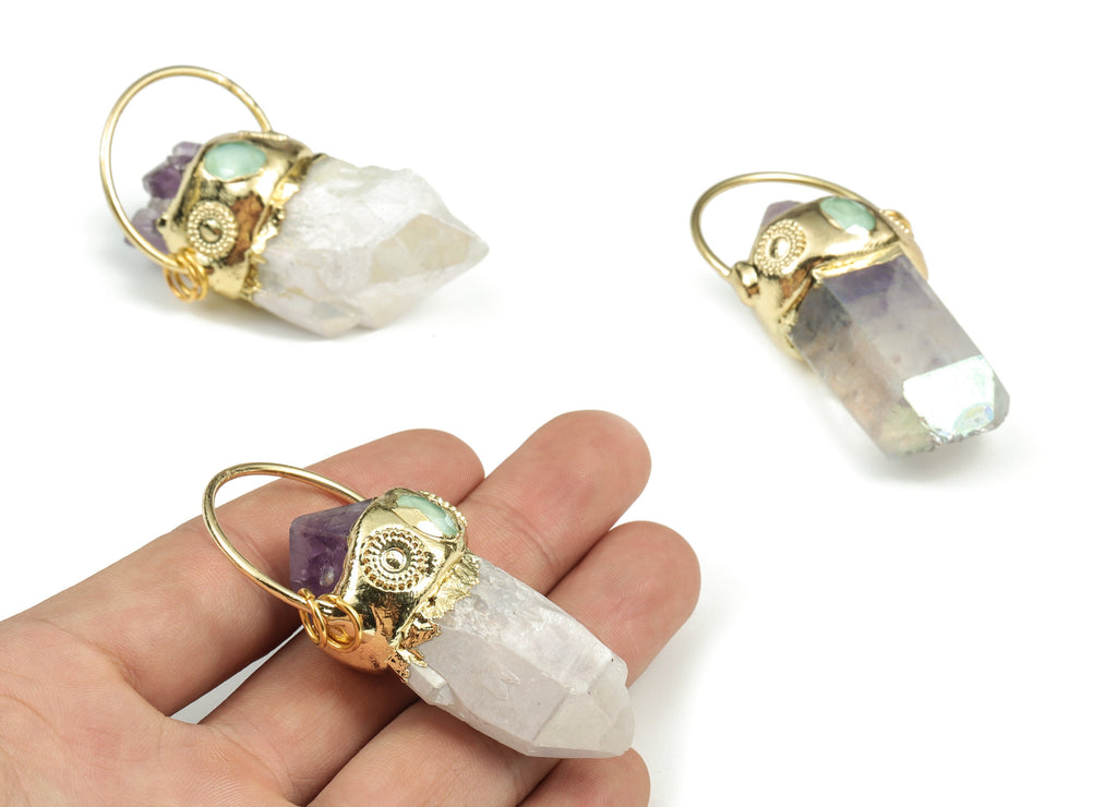 Aura Quartz Stone Earring Charms – Natural Gemstone Pendant - Jewelry Making Supplies – 64.04x32.88x22.02mm – NS1288 - DOMEDBAZAAR