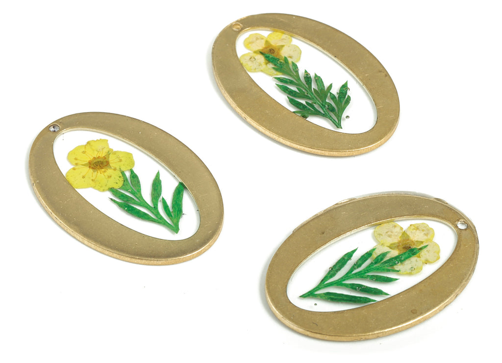 Resin Oval Earring Charms - Resin Real Yellow Flower Pendant - Raw Brass Oval Charm – Jewelry Making Supplies - 28.13x20.06x1.63mm - RC1146 - DOMEDBAZAAR