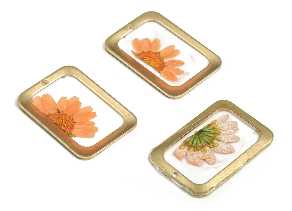 Resin Rectangle Earring Charms - Resin Real Flower Pendant - Raw Brass – Floral Resin Jewelry Charm - 30.13x20.58x1.66mm - RC1153 - DOMEDBAZAAR