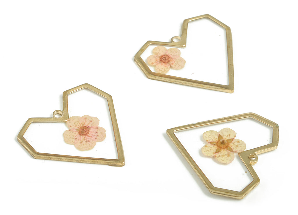 Resin Love Heart Earring Charms - Resin Real Flower Pendant - Raw Brass Charms – DIY Jewelry Making Supplies - 19.81x19.66x1.15mm - RC1167 - DOMEDBAZAAR
