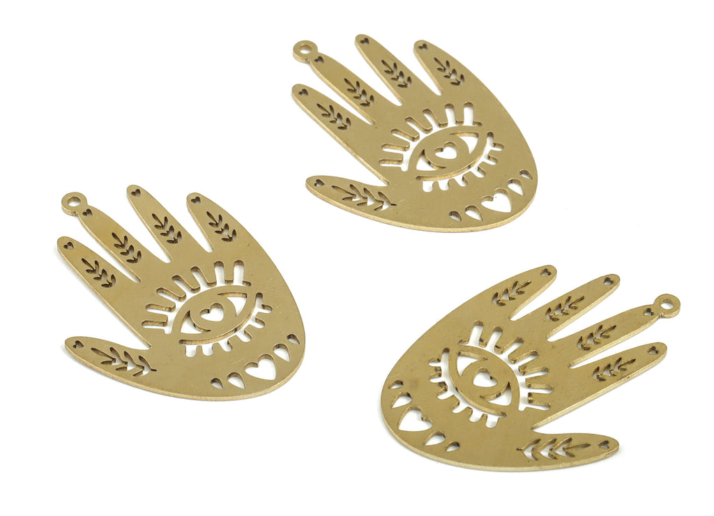 Brass Hand Eye Earring Charms - Raw Brass Hand Heart Pendant - Drop Flowers Charm - Jewelry Making Supplies - 37.58x26.86x0.82mm - PP3933 - DOMEDBAZAAR