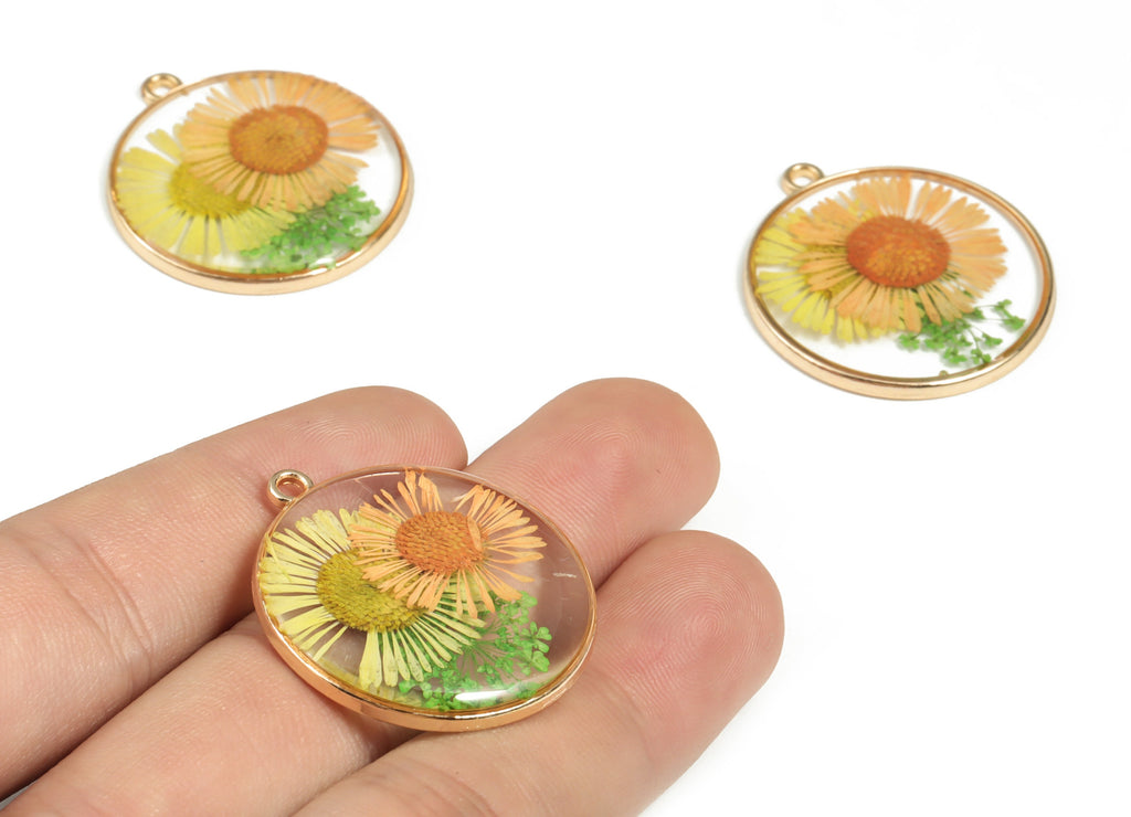 Resin Round Earring Charms - Resin Real Flower Pendant - Gold Tone Plated Alloy - Jewelry Making Supplies - 32.89x29.58x3.25mm - RC1173 - DOMEDBAZAAR