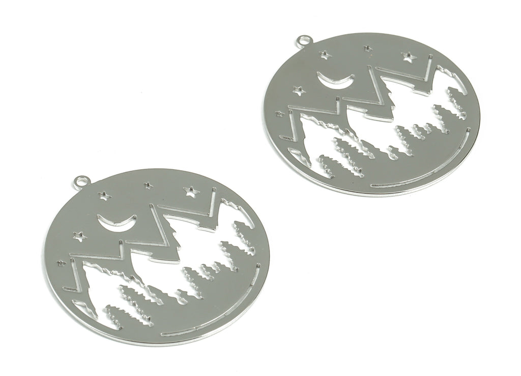 Brass Mountain Moon Stars Earring Charms - 18K Real White Gold Plated - Brass Mountain Crescent Pendant - 32.22x30.09mx0.7mm - RGP2960S - DOMEDBAZAAR