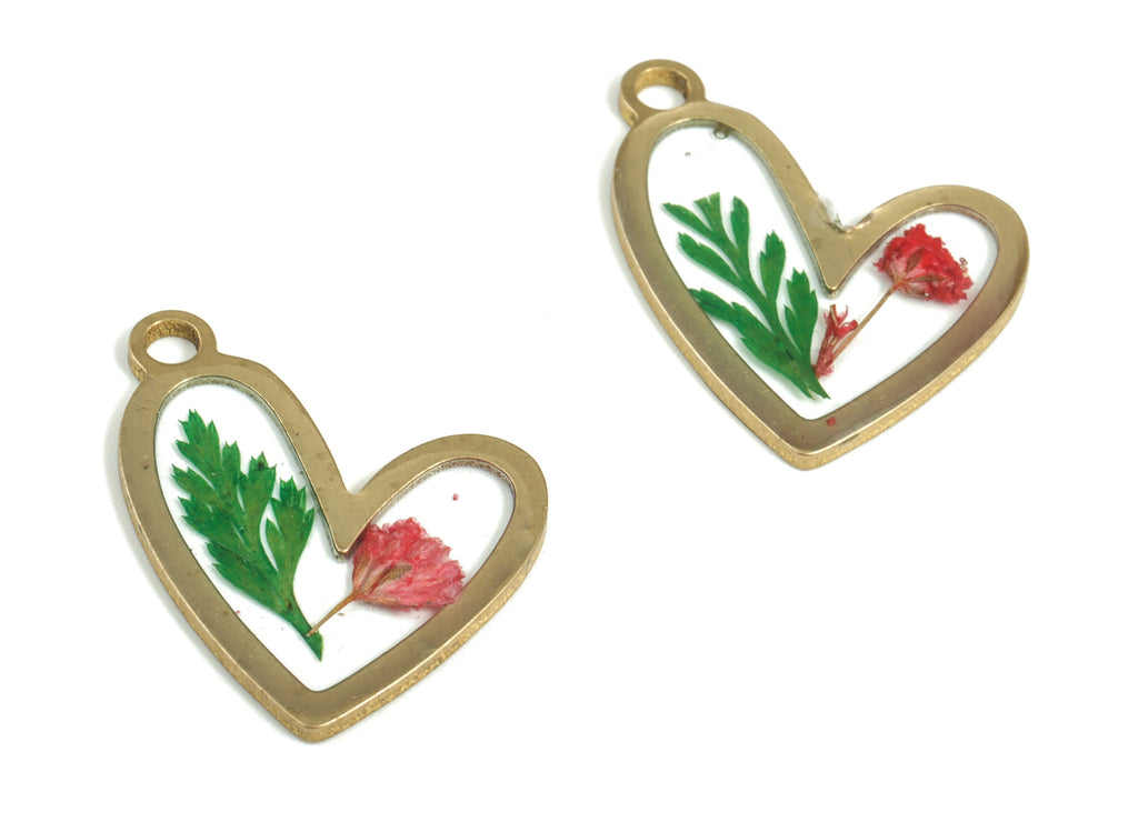 Resin Heart Earring Charms - Resin Real Flower Pendant - Raw Brass Charm - Red Flower Charm - Jewelry Supplies - 24.92x20.57x1.91mm - RC1149 - DOMEDBAZAAR