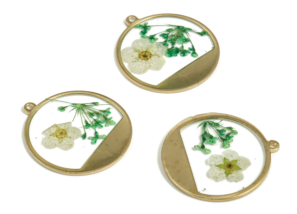 Resin Round Earring Charms - Resin Real Flower Pendant – Circle Raw Brass Charms – Resin Jewelry Supplies - 22.46x20.69x1.44mm - RC1150 - DOMEDBAZAAR