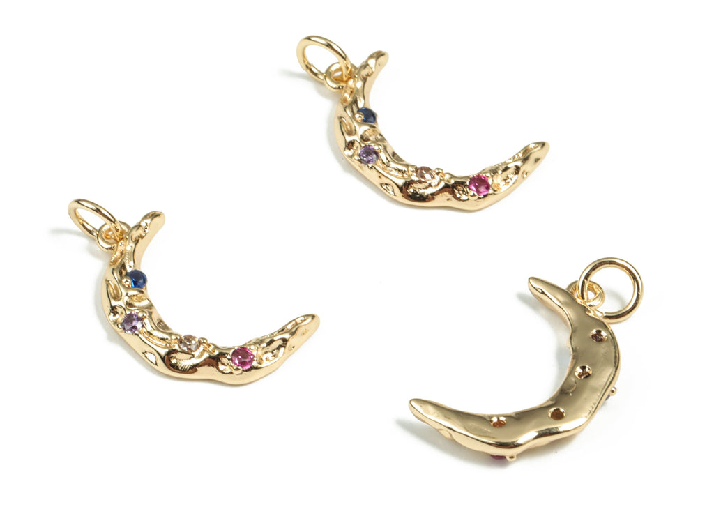 Brass Crescent Earring Charms With Zircon – Gold Moon Pendant - 18K Real Gold Plated Brass – Jewelry Supplies - 19.39x12.1x2.71mm - RGP2947 - DOMEDBAZAAR