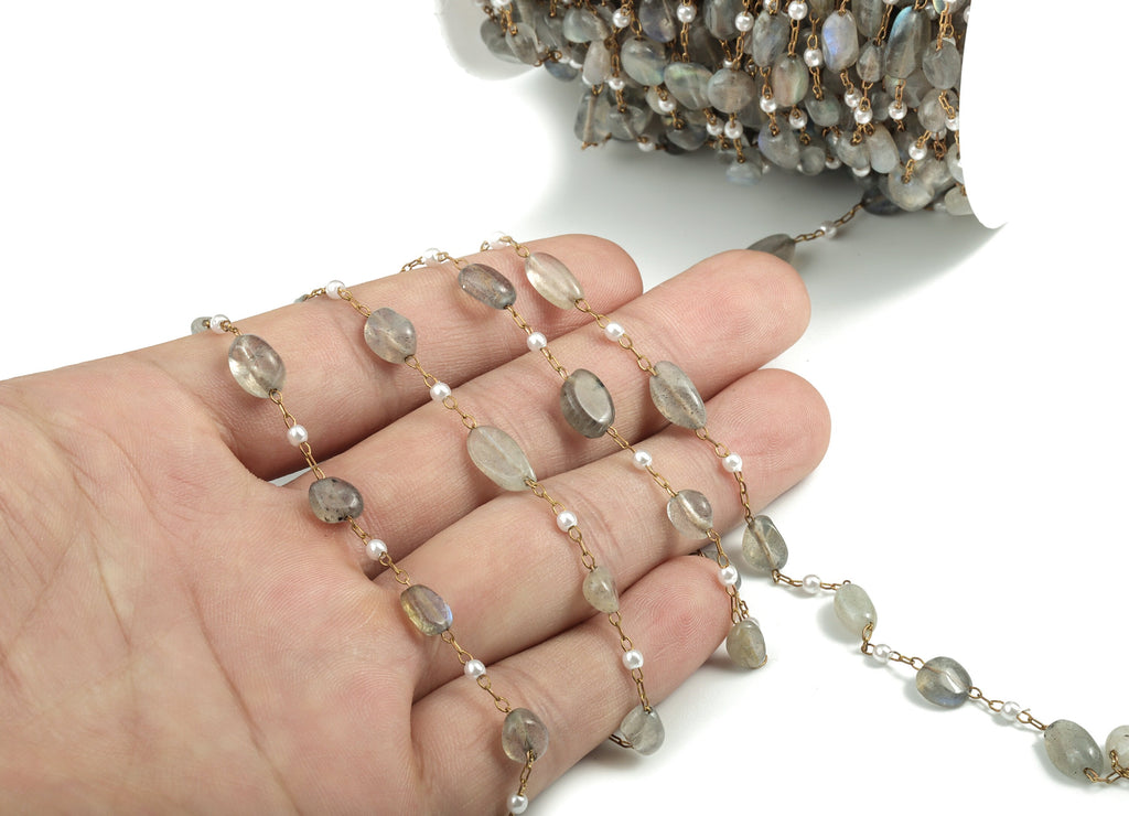 Brass Natural Stone Pearl Beaded Chain – Raw Brass Grey Stones – Satellite Chain for Necklace, Bracelet Chain - 2.3x1.41x0.3mm – CC1175-10 - DOMEDBAZAAR