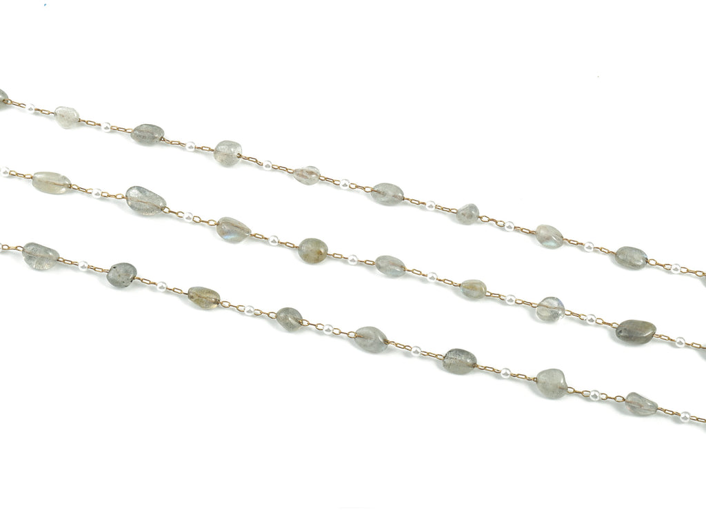 Brass Natural Stone Pearl Beaded Chain – Raw Brass Grey Stones – Satellite Chain for Necklace, Bracelet Chain - 2.3x1.41x0.3mm – CC1175-10 - DOMEDBAZAAR