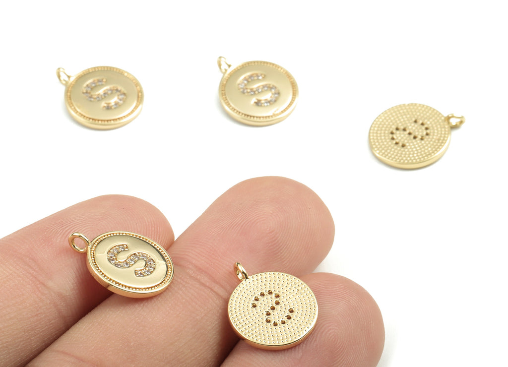 Brass Round Letter S Charm – Initial S Gold Round Pendant – 18k Real Gold Plated Brass Earring Charms – 14.72x11.88x1.39mm - RGP2853S - DOMEDBAZAAR