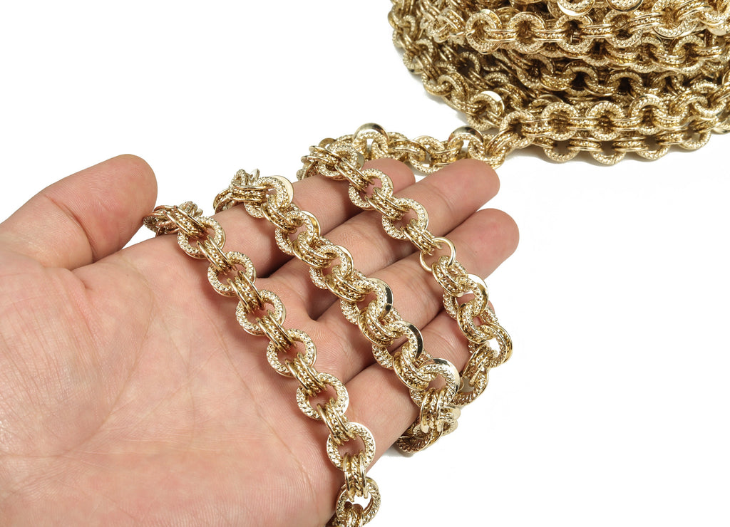 Gold Round Link Cable Chain - 14K Real Gold Brass Textured Round Rolo Chain - Large Link Chunky Chain - 0.46&quot;x0.46&quot;x0.14&quot; RGP2966 - DOMEDBAZAAR