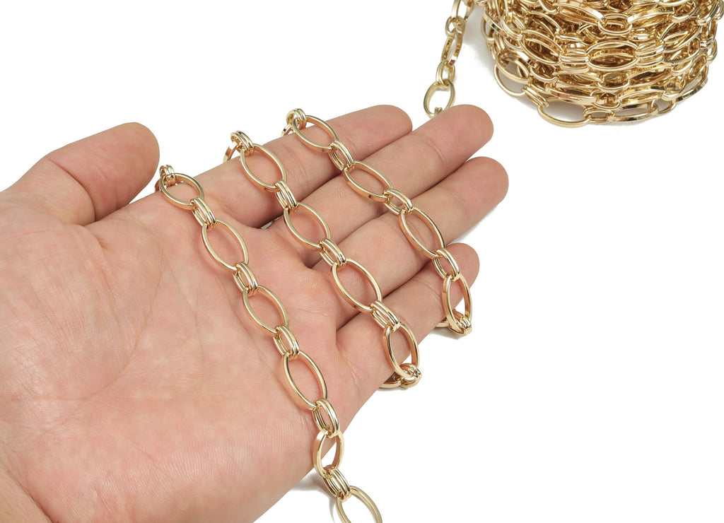 Gold Oval Paper Clip Layering Chain - 14K Real Gold Brass Flat Oval Link Cable Chain - Large Oval Chain - 0.69&quot;x0.41&quot;x0.09&quot; RGP2975 - DOMEDBAZAAR