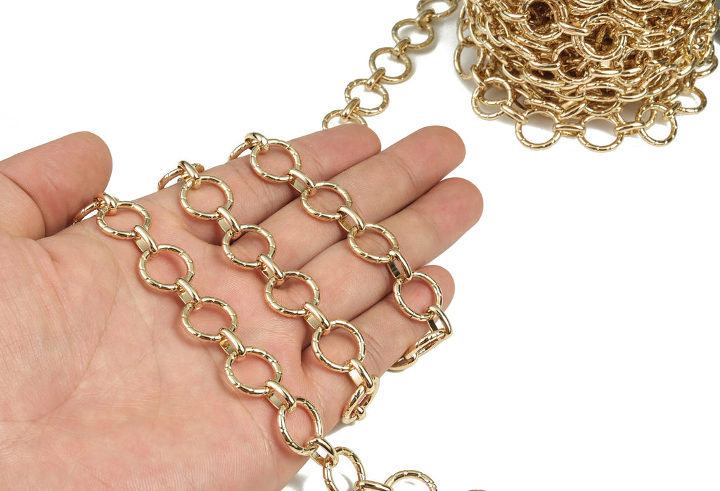 Gold Round Link Cable Chain - 14K Real Gold Brass Textured Large Round Chain - Thick Chain - For Necklace Bracelet 0.57&quot;x0.57&quot;x0.08&quot; RGP2981 - DOMEDBAZAAR