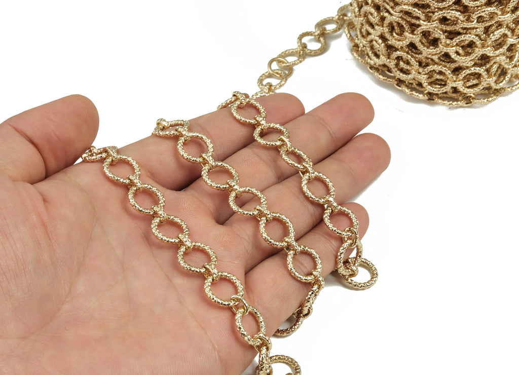 Gold Round Link Cable Chain - 14K Real Gold Brass Textured Round Chain - Thick Chain - For Necklace Bracelet 0.48&quot;x0.48&quot;x0.09&quot; RGP2982 - DOMEDBAZAAR