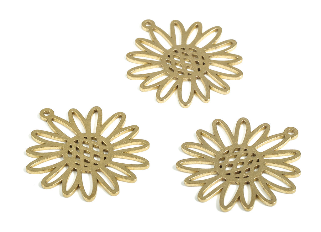 Brass Sunflower Earring Charms - Raw Brass Flower Pendant - Earring Findings - Jewelry Supplies - 25.14x22.82x0.79mm - PP3996 - DOMEDBAZAAR