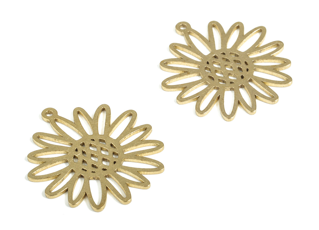Brass Sunflower Earring Charms - Raw Brass Flower Pendant - Earring Findings - Jewelry Supplies - 25.14x22.82x0.79mm - PP3996 - DOMEDBAZAAR