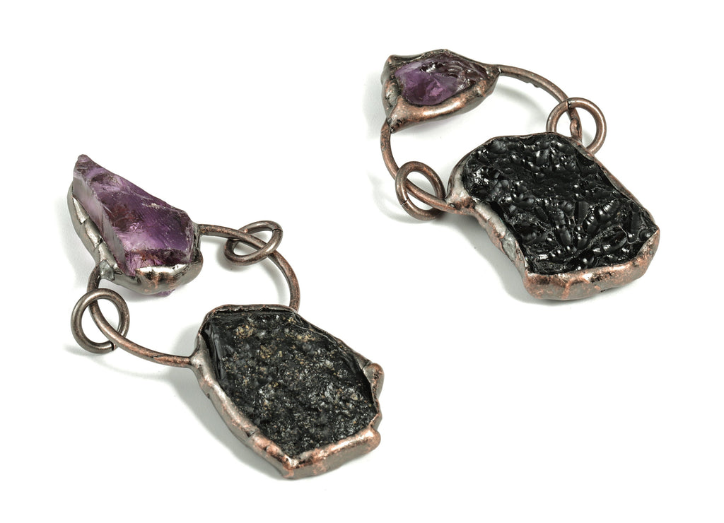 Volcanic With Amethyst Earring Charms – Natural Purple Amethyst Gemstone Pendant – Meteorite Charms – Average Size - 57× 29×9.57mm - NS1309 - DOMEDBAZAAR