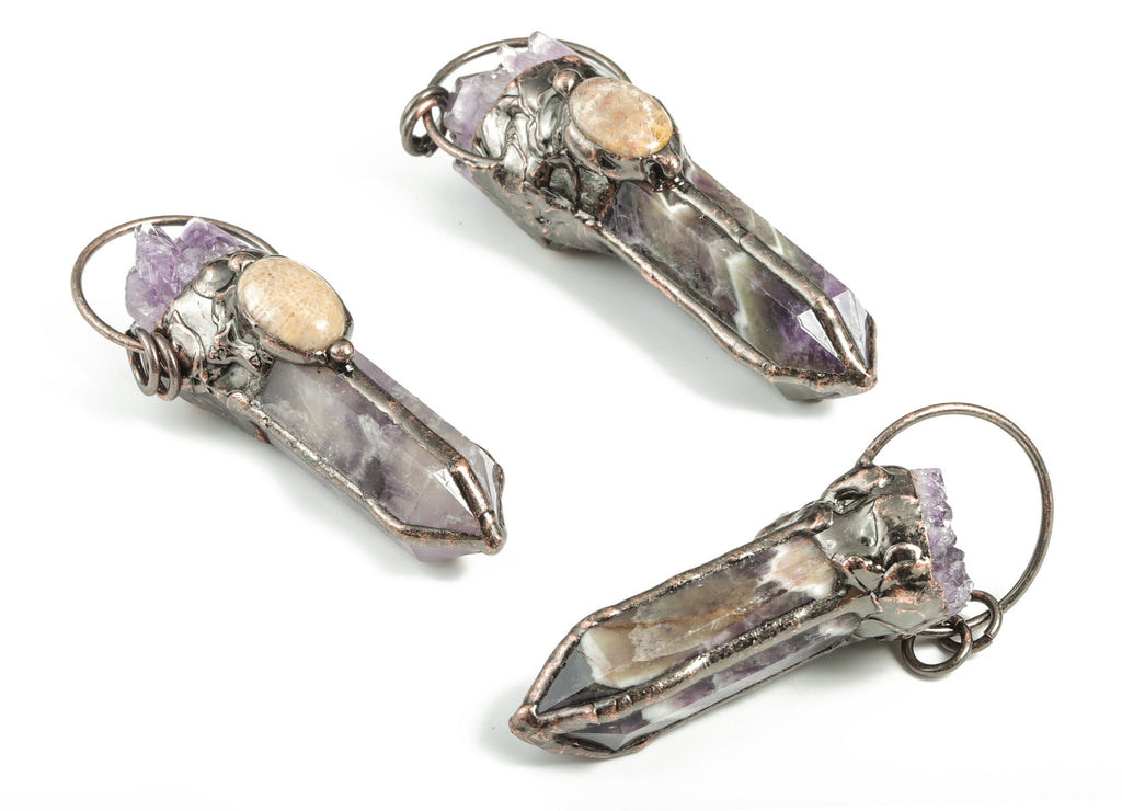 Long Amethyst Crystal Bullet Pendant - Chrysanthemum Stone Pendant – Average Size Charms – Jewelry Supplies – 81.37x30.77x28.56mm – NS1313 - DOMEDBAZAAR