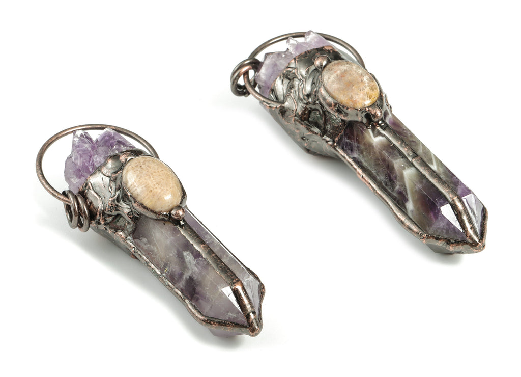 Long Amethyst Crystal Bullet Pendant - Chrysanthemum Stone Pendant – Average Size Charms – Jewelry Supplies – 81.37x30.77x28.56mm – NS1313 - DOMEDBAZAAR