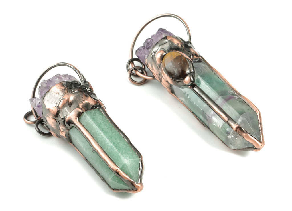 Amethyst Tiger Eye Charms - Green Fluorite Aventurine Pendant - Average Size Pendant – Jewelry Making Supplies - 88.48x32.5x25.57mm - NS1327 - DOMEDBAZAAR