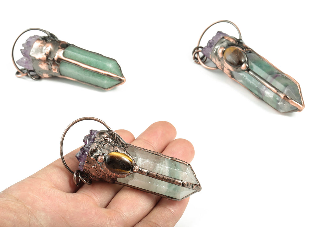 Amethyst Tiger Eye Charms - Green Fluorite Aventurine Pendant - Average Size Pendant – Jewelry Making Supplies - 88.48x32.5x25.57mm - NS1327 - DOMEDBAZAAR