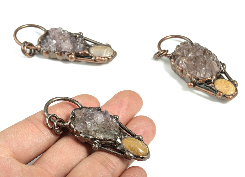 Amethyst Crystal Pendant Charm - Rough Amethyst with Chrysanthemum Stone - Jewelry Supplies - Average Size - 65.57 × 29.28×14.5mm - NS1331 - DOMEDBAZAAR