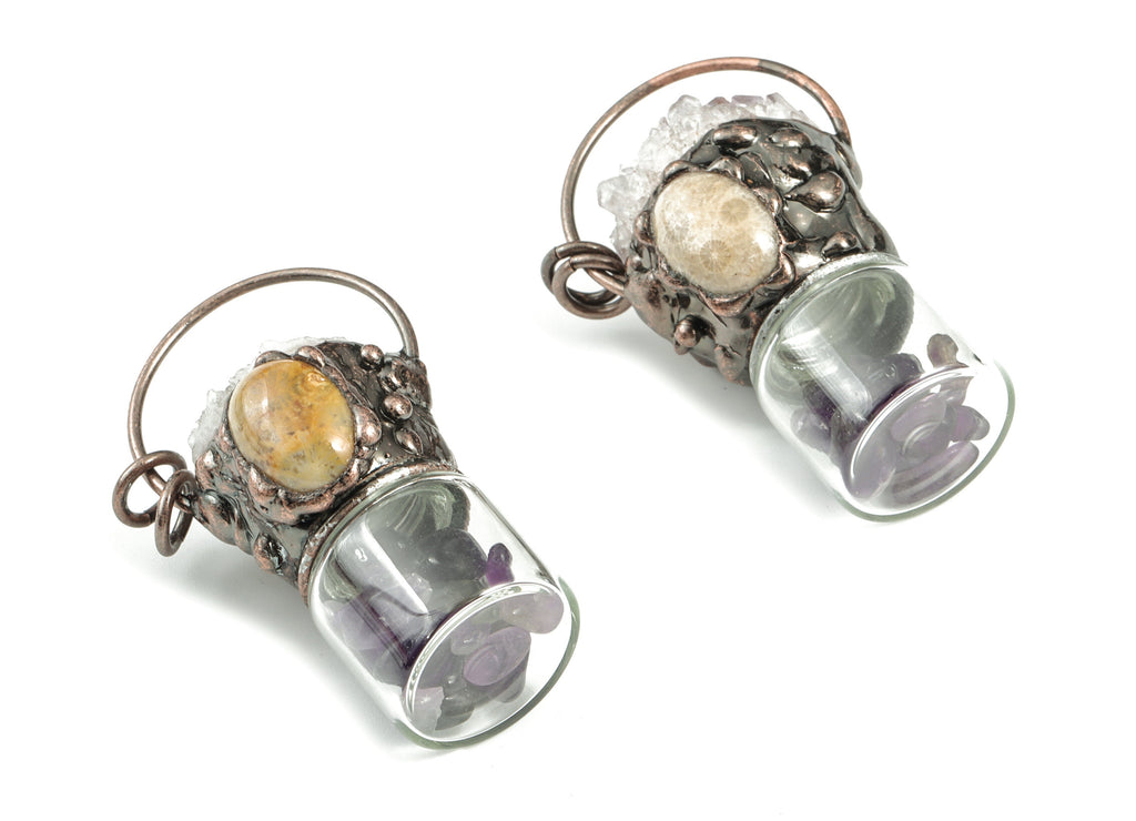 Amethyst Pendant - Glass Bottle with Stones - Chrysanthemum Stone Pendant – Average Size – Jewelry Supplies -56.99x29.62x29.12mm - NS1358 - DOMEDBAZAAR