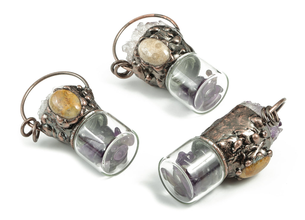 Amethyst Pendant - Glass Bottle with Stones - Chrysanthemum Stone Pendant – Average Size – Jewelry Supplies -56.99x29.62x29.12mm - NS1358 - DOMEDBAZAAR