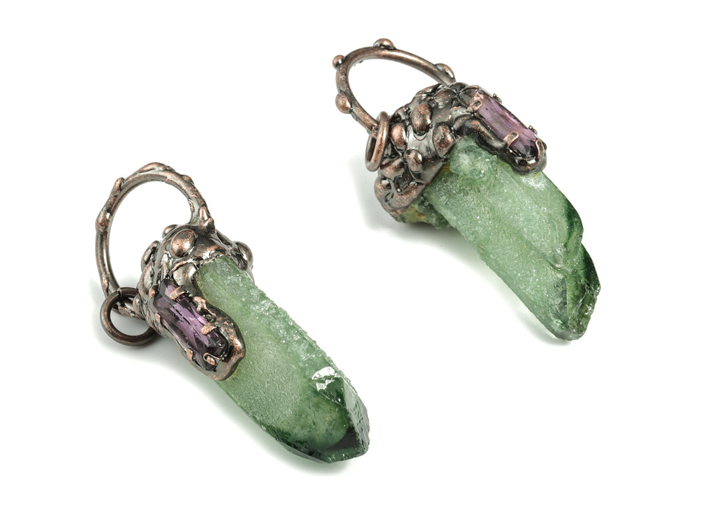 Green Aura Quartz with Amethyst Pendant –  Green Crystal Zircon Earring Charm  - DIY Jewelry Making - Average Size - 58×23.8×19.9mm - NS1375 - DOMEDBAZAAR