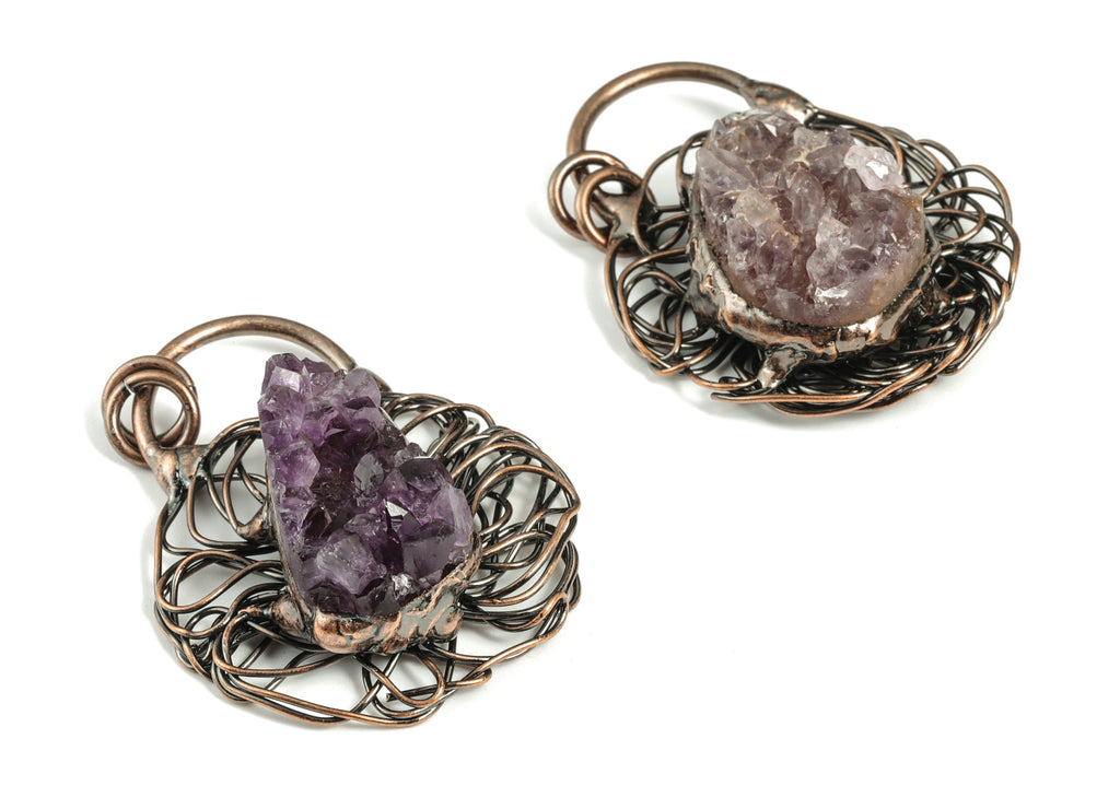 Amethyst Druzy Agate Pendant – Wire Wrap Purple Amethyst Gemstone - DIY Jewelry Supplies - Average Size - 49.75× 38.39× 18.26mm - NS1379 - DOMEDBAZAAR