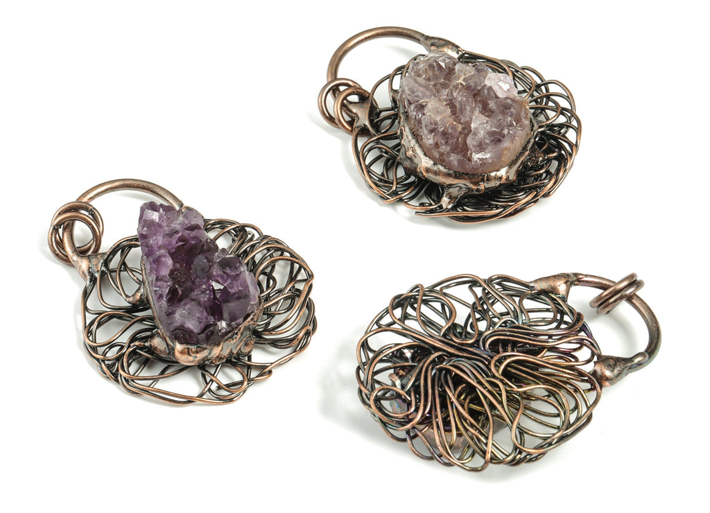 Amethyst Druzy Agate Pendant – Wire Wrap Purple Amethyst Gemstone - DIY Jewelry Supplies - Average Size - 49.75× 38.39× 18.26mm - NS1379 - DOMEDBAZAAR