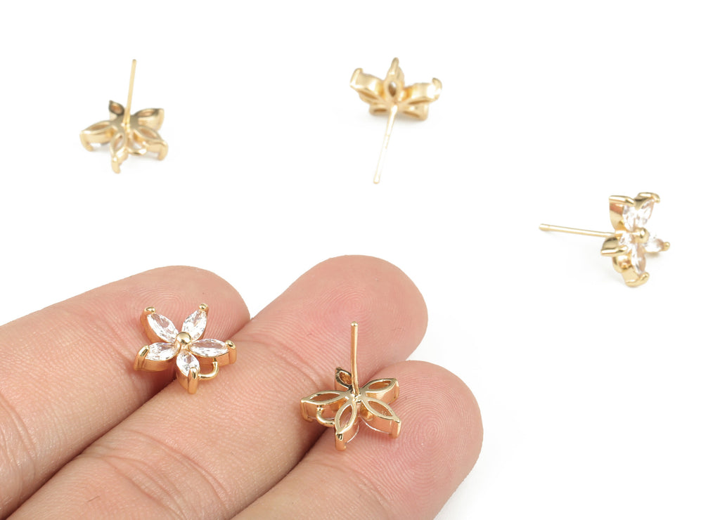 Brass Flower Earring Post With Zircons - Gold Flower Stud - 18K Real Gold Plating - 316 Surgical Stainless Steel - 12.14x11.69x4mm - RGP2879 - DOMEDBAZAAR