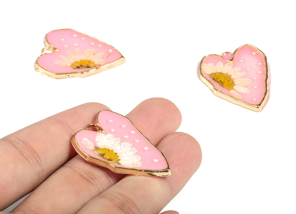 Brass Heart Earring Charms - Brass AB Glue Charms - Resin Dried Real Flower Pendant - Jewelry Making Supplies - 34.75x27.84x3.1mm - RC1179 - DOMEDBAZAAR