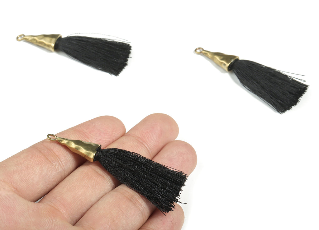 Raw Brass Polyester Thread Earring - Raw Brass Black Statement Earring - Jewelry Makings - Jewelry Supplies – 56.02x10.67x5.42mm - TS1136G - DOMEDBAZAAR