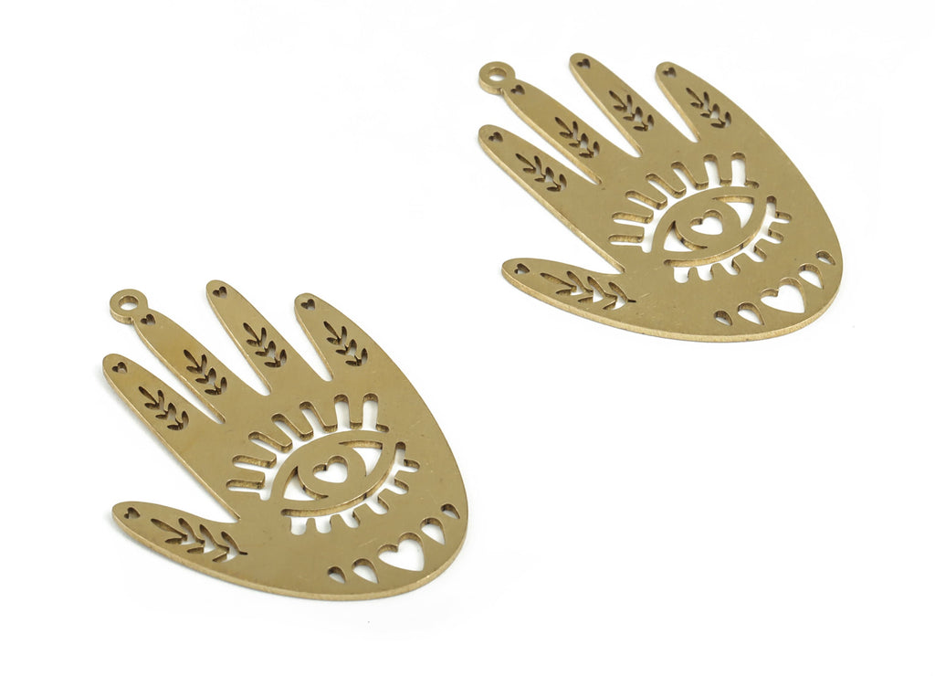 Brass Hand Eye Earring Charms - Raw Brass Hand Heart Pendant - Drop Flowers Charm - Jewelry Making Supplies - 37.58x26.86x0.82mm - PP3933 - DOMEDBAZAAR
