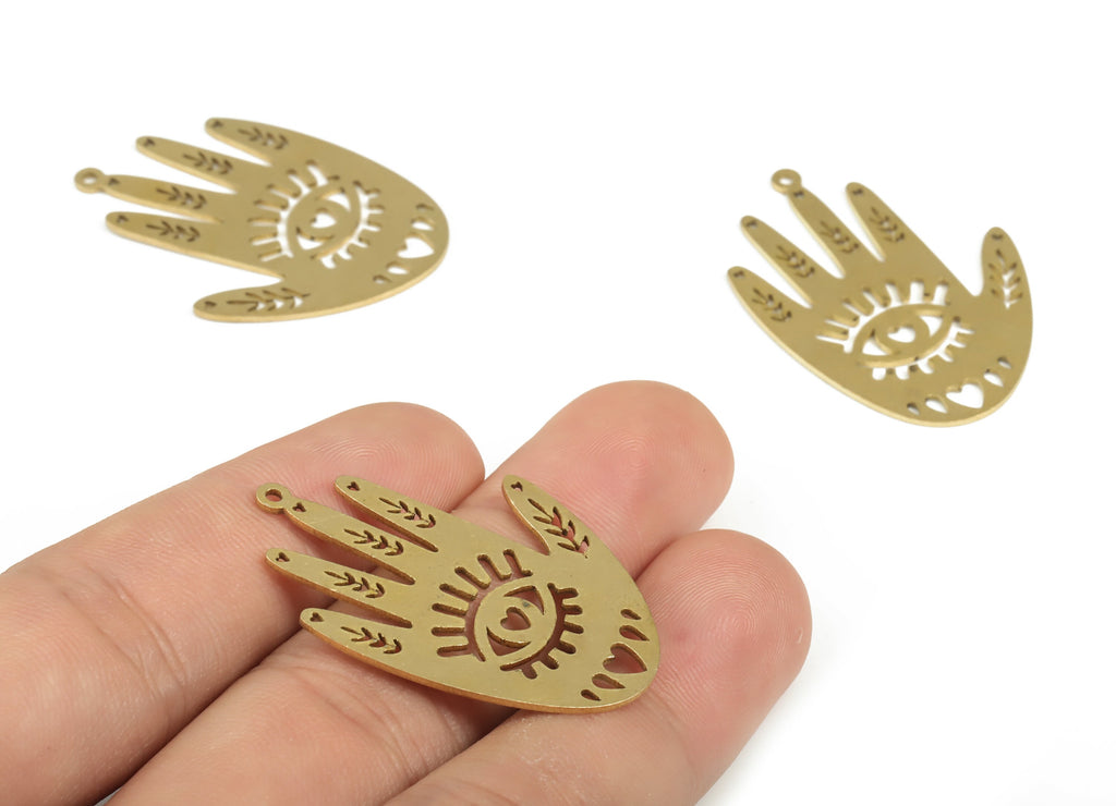 Brass Hand Eye Earring Charms - Raw Brass Hand Heart Pendant - Drop Flowers Charm - Jewelry Making Supplies - 37.58x26.86x0.82mm - PP3933 - DOMEDBAZAAR