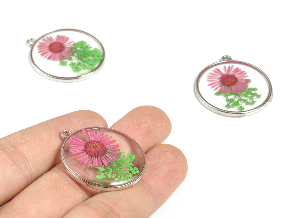 Resin Round Earring Charms - Resin Real Flower Pendant - Silver Tone Plated Alloy - Jewelry Making Supplies - 32.84x29.76x2.82mm - RC1172 - DOMEDBAZAAR