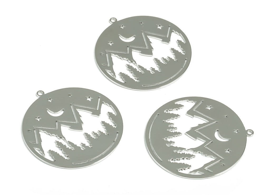 Brass Mountain Moon Stars Earring Charms - 18K Real White Gold Plated - Brass Mountain Crescent Pendant - 32.22x30.09mx0.7mm - RGP2960S - DOMEDBAZAAR