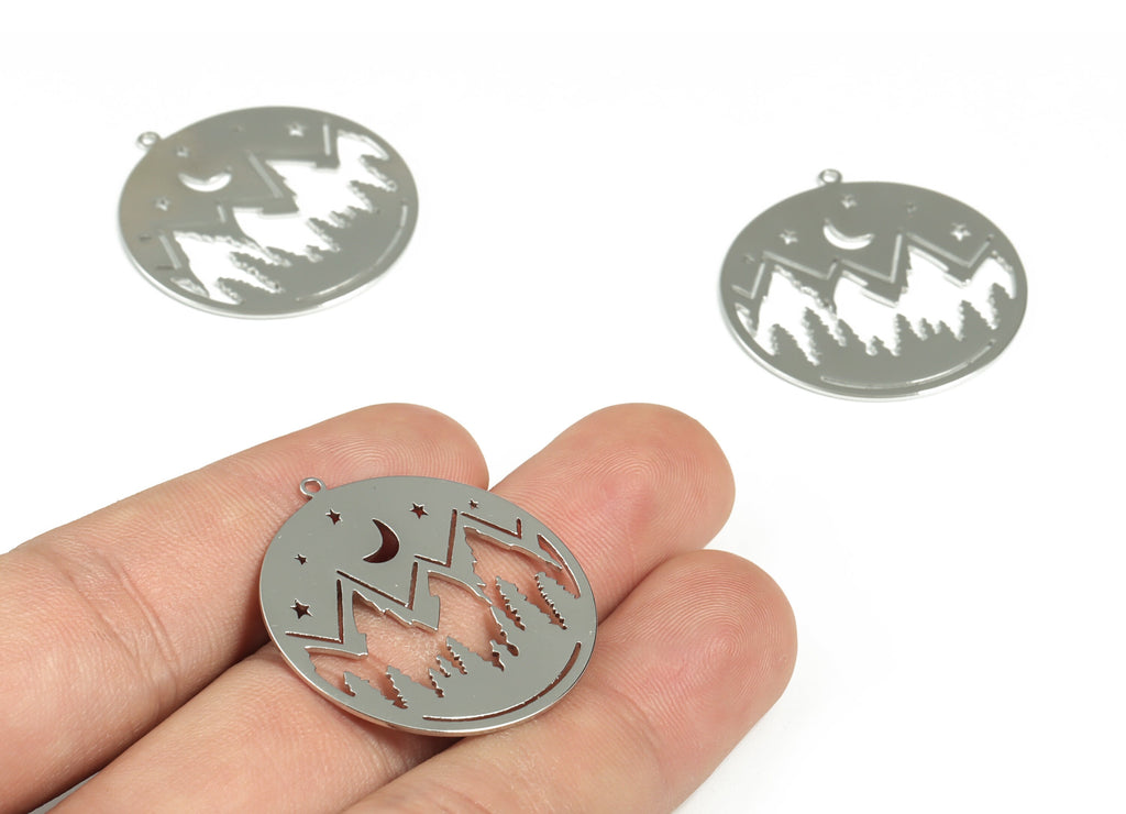 Brass Mountain Moon Stars Earring Charms - 18K Real White Gold Plated - Brass Mountain Crescent Pendant - 32.22x30.09mx0.7mm - RGP2960S - DOMEDBAZAAR