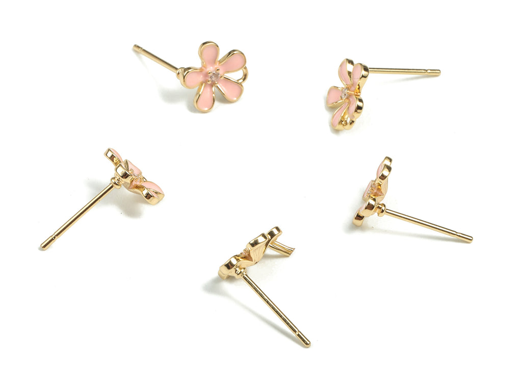 Brass Flower Earring Stud - Orange Enamel Flower Post - 18K Real Gold Plated Brass – 316 Surgical Stainless Steel - 9.18x8.9x2.2mm - RGP2933 - DOMEDBAZAAR