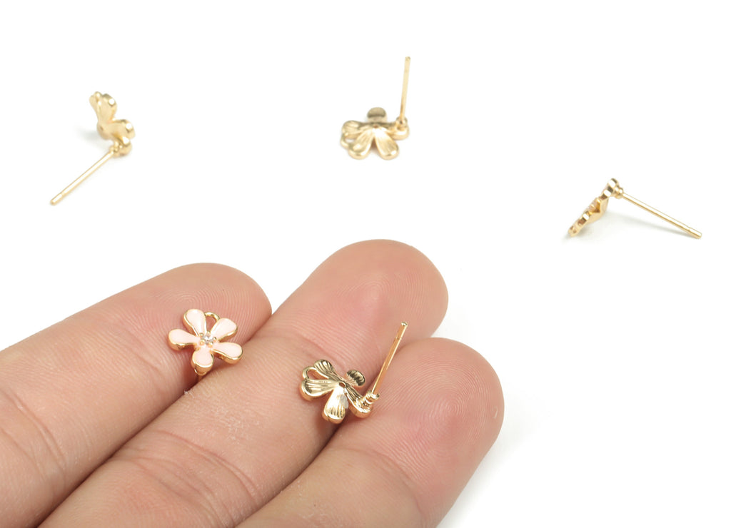 Brass Flower Earring Stud - Orange Enamel Flower Post - 18K Real Gold Plated Brass – 316 Surgical Stainless Steel - 9.18x8.9x2.2mm - RGP2933 - DOMEDBAZAAR
