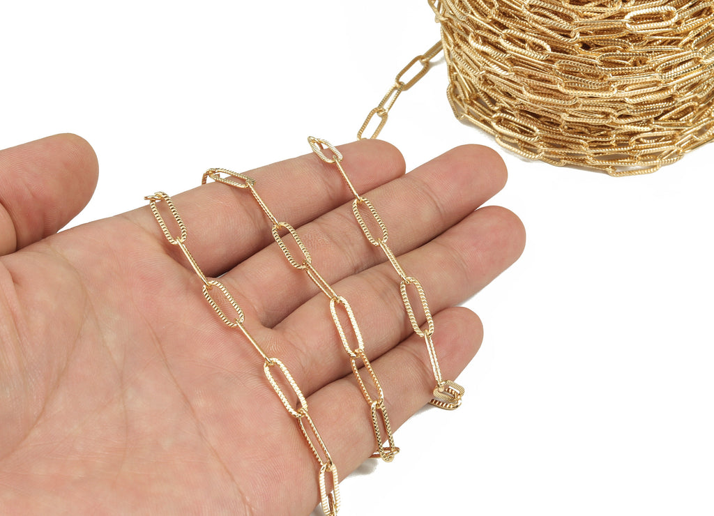 Oval Rectangle Paper Clip Layering Chain - 18K Real Gold Brass Soldered Flat Rolo Chain - Textured Cable Chain - 0.58&quot;x0.20&quot;x0.03&quot; RGP2992 - DOMEDBAZAAR