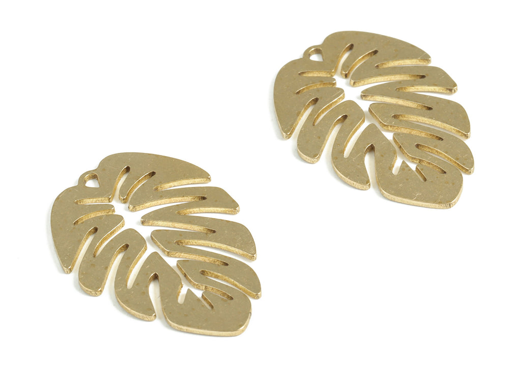 Brass Monstera Earring Charms - Raw Brass Hollow Leaf Pendant - Earring Findings - Jewelry Making Supplies - 28.22x19.63x0.81mm - PP3995 - DOMEDBAZAAR