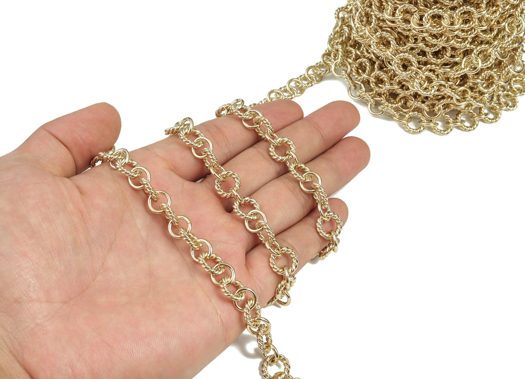 Gold Round Link Cable Chain - 14K Real Gold Brass Textured Round Rolo Chain - Chunky Chain - For Necklace Bracelet 0.43&quot;x0.43&quot;x0.09&quot; RGP2972 - DOMEDBAZAAR