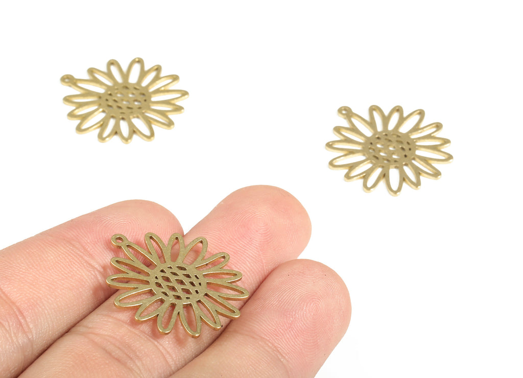 Brass Sunflower Earring Charms - Raw Brass Flower Pendant - Earring Findings - Jewelry Supplies - 25.14x22.82x0.79mm - PP3996 - DOMEDBAZAAR