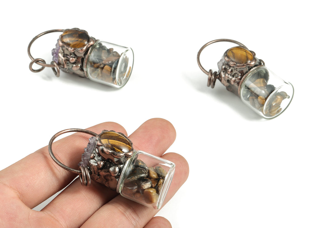 Amethyst Tiger Eye Pendant – Glass Bottle Pendant With Gemstones – Amethyst Charm – Average Size - 54.57×26.37 ×28.08mm - NS1303 - DOMEDBAZAAR