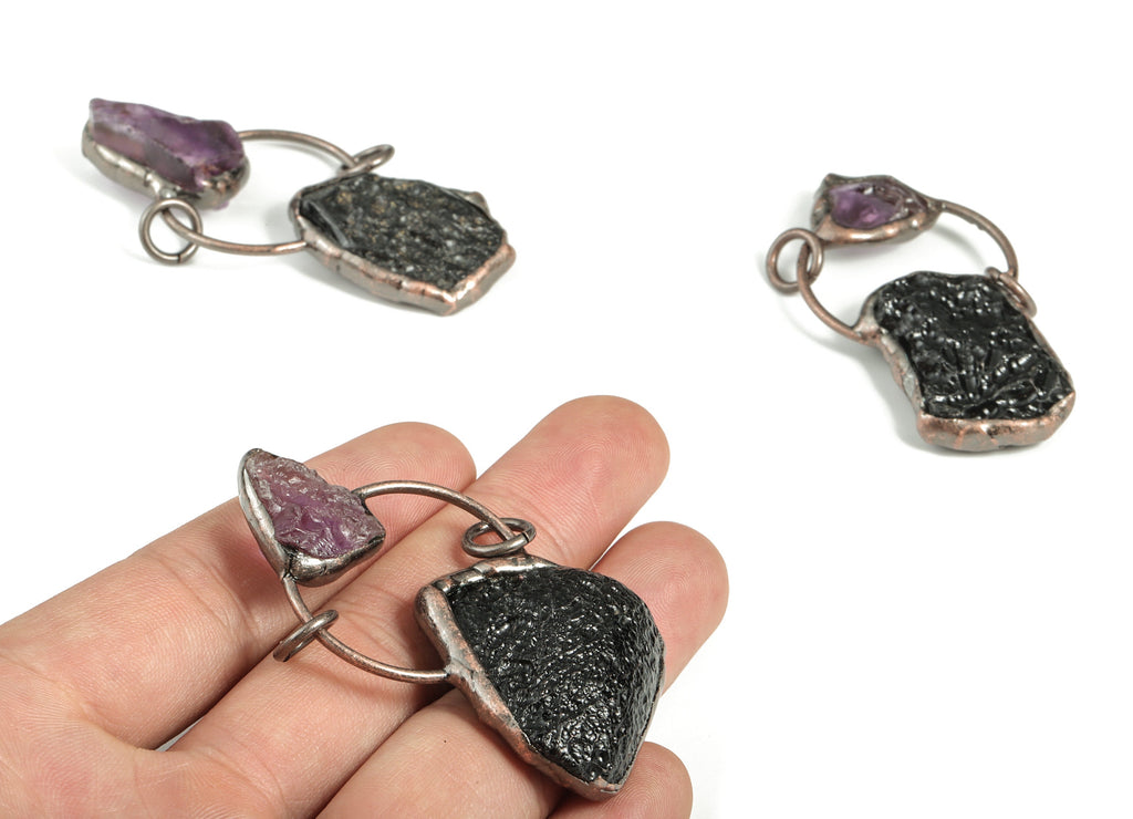 Volcanic With Amethyst Earring Charms – Natural Purple Amethyst Gemstone Pendant – Meteorite Charms – Average Size - 57× 29×9.57mm - NS1309 - DOMEDBAZAAR