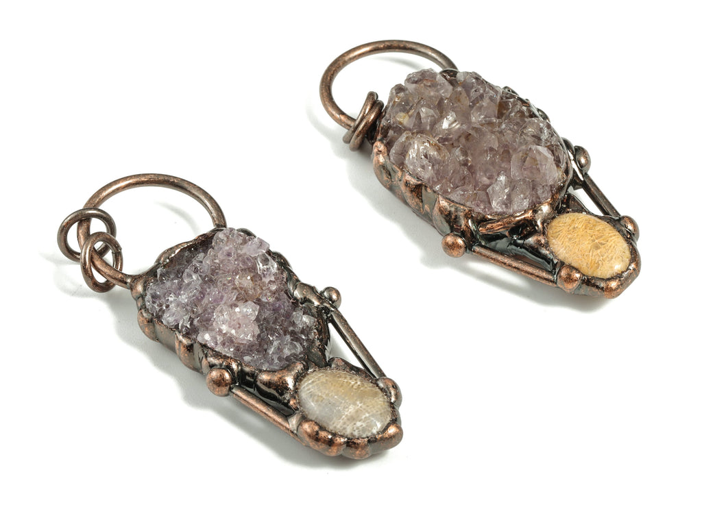 Amethyst Crystal Pendant Charm - Rough Amethyst with Chrysanthemum Stone - Jewelry Supplies - Average Size - 65.57 × 29.28×14.5mm - NS1331 - DOMEDBAZAAR