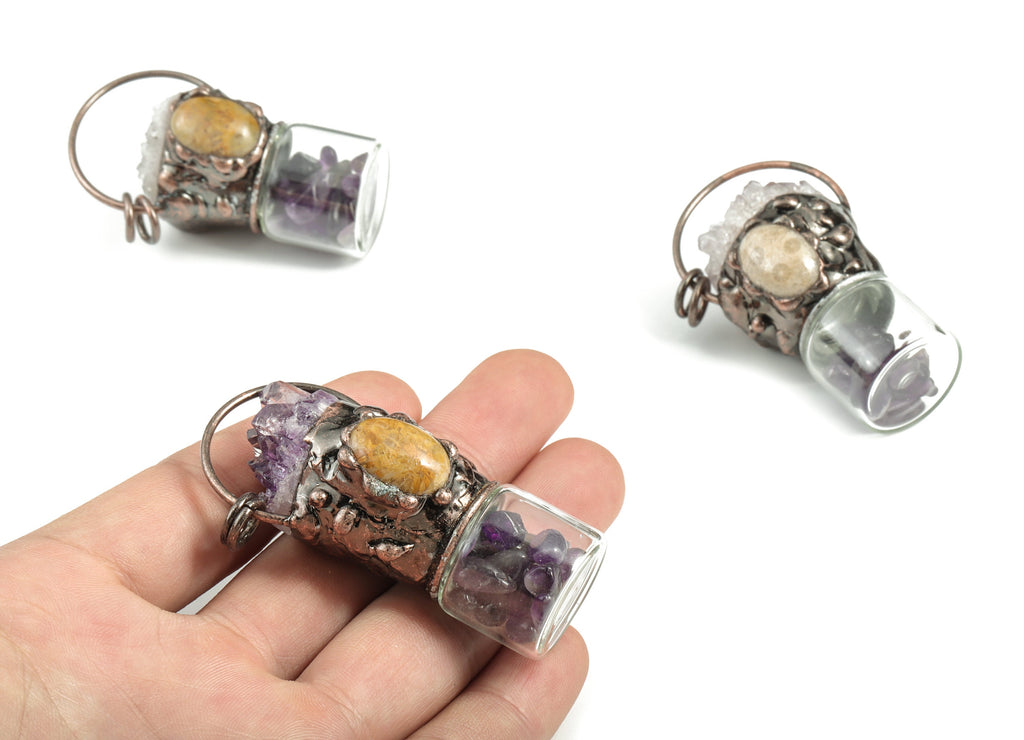 Amethyst Pendant - Glass Bottle with Stones - Chrysanthemum Stone Pendant – Average Size – Jewelry Supplies -56.99x29.62x29.12mm - NS1358 - DOMEDBAZAAR