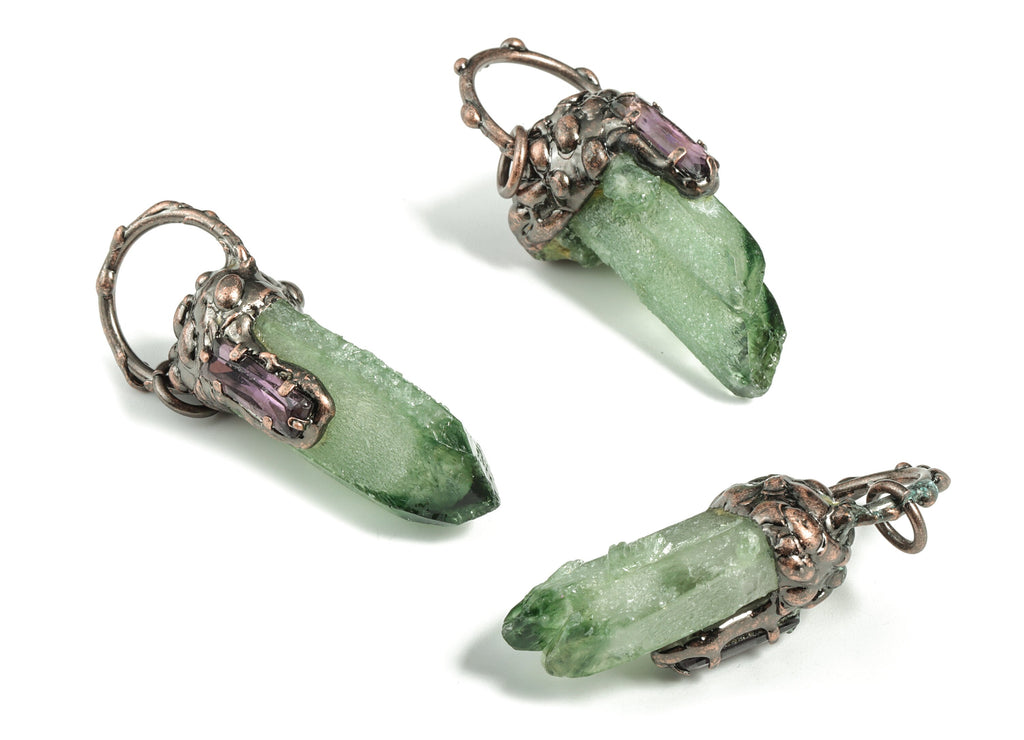 Green Aura Quartz with Amethyst Pendant –  Green Crystal Zircon Earring Charm  - DIY Jewelry Making - Average Size - 58×23.8×19.9mm - NS1375 - DOMEDBAZAAR
