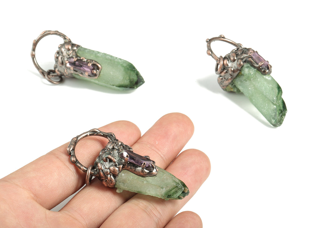 Green Aura Quartz with Amethyst Pendant –  Green Crystal Zircon Earring Charm  - DIY Jewelry Making - Average Size - 58×23.8×19.9mm - NS1375 - DOMEDBAZAAR
